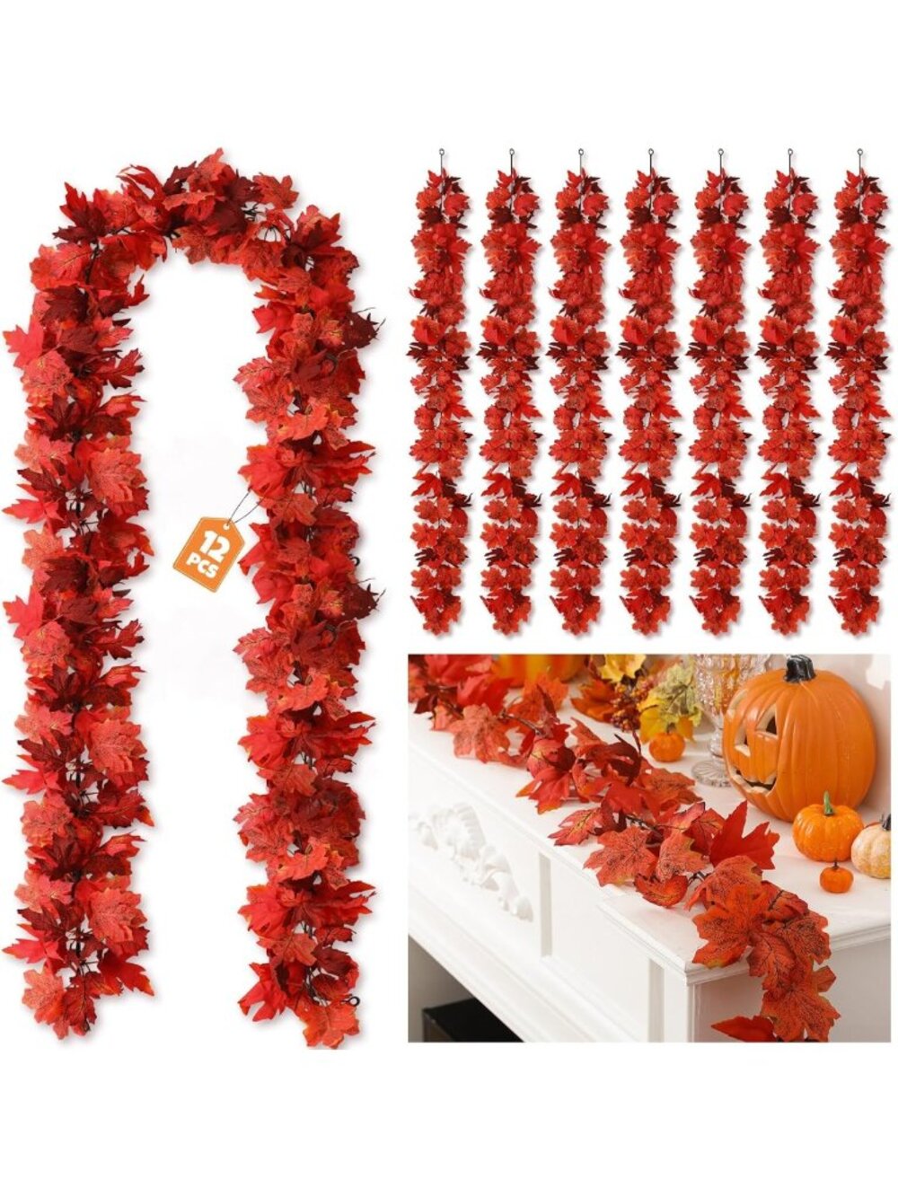 12 Pack Fall Maple Leaf Garland - 5.7 ft Hanging Vines for Autumn Decor